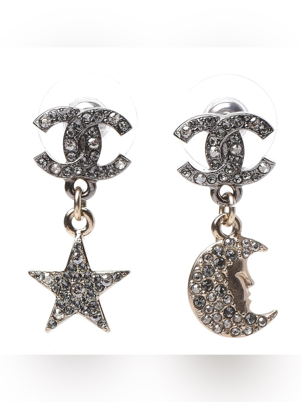CHANEL Crystal CC Star Moon Dangle Earrings with Box and Pouch Authentic w/COA - Picture 2 of 6
